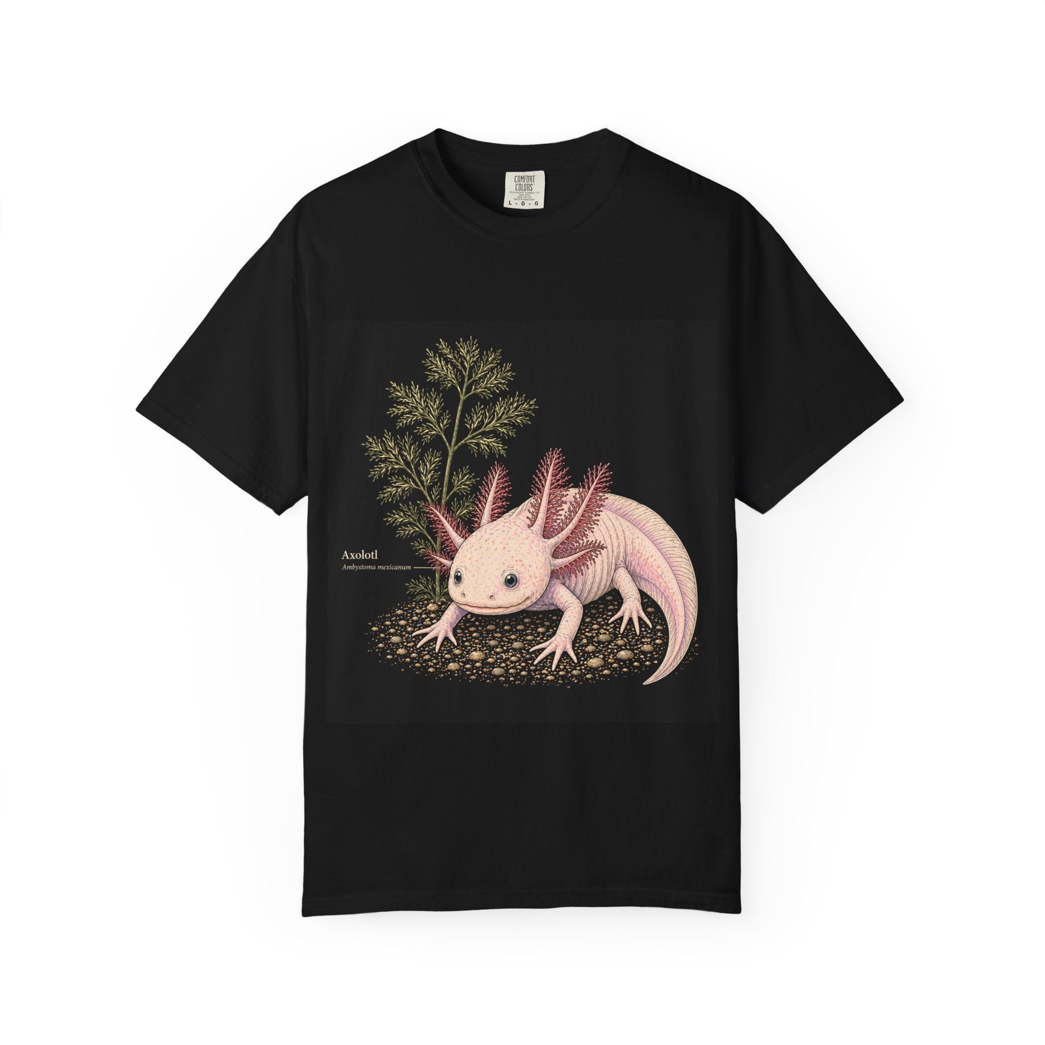Pink Axolotl Illustration T-shirt | Cute Amphibian Art, Botanical Accent